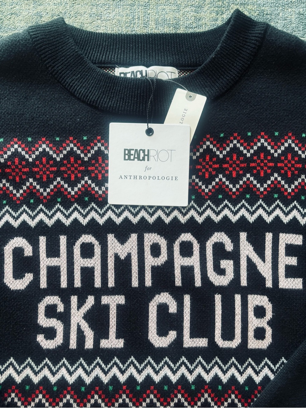 ANTHROPOLOGIE Beach Riot Black Crewneck Sweater with Red and Cream Fair Isle